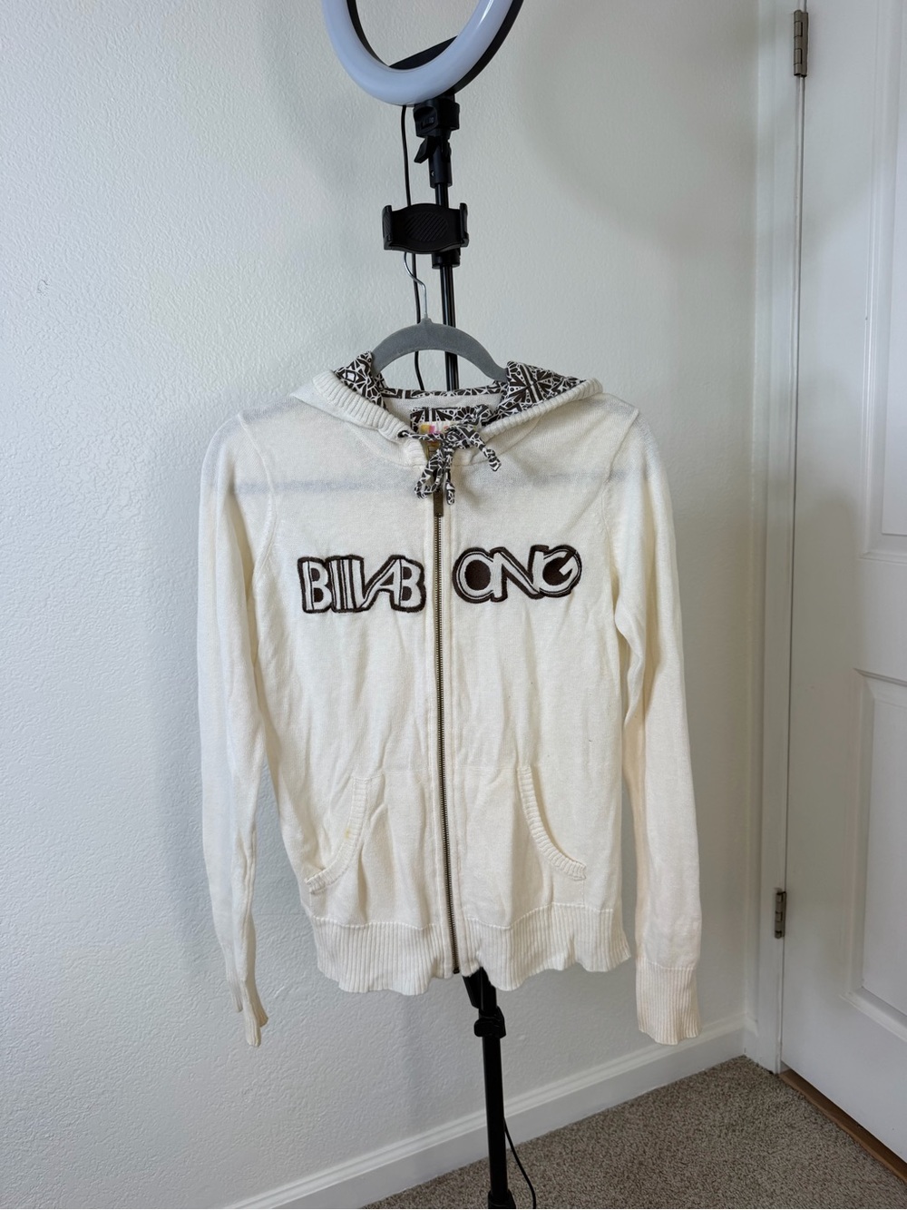 Billabong Cream Zip Hoodie with Patterned Hood Lining